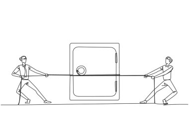 Single continuous line drawing two businessmen fighting over a safe deposit box. Competition to get the safest storage place is related to business development. One line design vector illustration