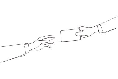 Single continuous line drawing hand giving debit card. Payment transactions carried out non-cash. Use cards to make things easier. Technology that makes it easy. One line design vector illustration