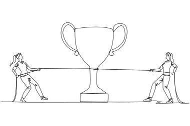 Single one line drawing two businesswomen fighting for a trophy. Strive to be a winner. Hard struggle to become a winner. Against the great businesswoman. Continuous line design graphic illustration