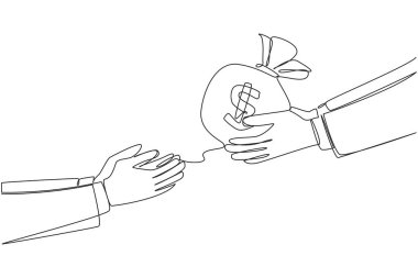 Single one line drawing a hand gives a money bag. The additional capital required has been received. Get ready to turn it into the most profitable business. Continuous line design graphic illustration