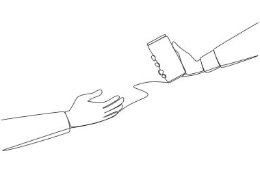 Single continuous line drawing hand giving canned drink. Soft drinks. Cold drink after exercise. Drinks high in sugar content. Not good to consume all the time. One line design vector illustration