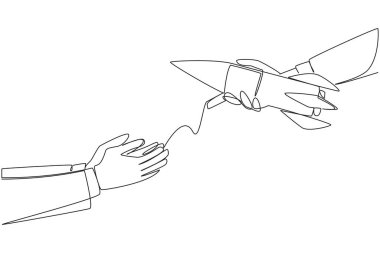 Single continuous line drawing a businessman's hand gives rocket to colleague. Put full trust in managing overseas business branches. Trust will produce results. One line design vector illustration