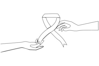 Single one line drawing hand giving ribbon sign. Charity activity symbol. Sign of mourning. Symbol of support and solidarity in society. Respect each other. Continuous line design graphic illustration