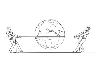 Single one line drawing two businessmen fighting over globe. Fighting over strategic locations. Business must be developed in different places. For profit. Continuous line design graphic illustration