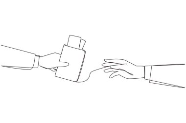 Continuous one line drawing hand giving passport. Completeness for official travel abroad has been provided. It's time to expand the business reach. Target. Single line draw design vector illustration