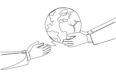 Single continuous line drawing a hand giving globe to colleague. Inviting you to do a lot of good deeds. For a better earth society. Best policy for a green earth. One line design vector illustration