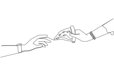 Single continuous line drawing hand giving slice of pizza. Foods that ruin diet pattern. Usually these foods have high levels of fat, salt and calories. Junk food. One line design vector illustration