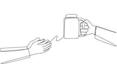 Single continuous line drawing hand giving lemonade drink. A fresh drink that helps prevent someone from anemia. This drink can also increase endurance. Refreshing. One line design vector illustration