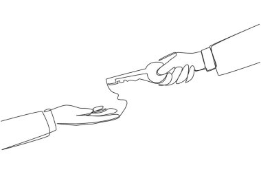 Single continuous line drawing a hand gives a key to a coworker. Full trust is given. Fix anything that's broken. Keep it up. Business that will continue to grow. One line design vector illustration