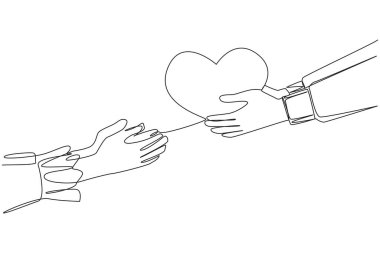 Single one line drawing a hand gives a heart shape to its partner. Fall in love. Ready to give heart and soul. Invitation to get married. Romantic couple. Continuous line design graphic illustration