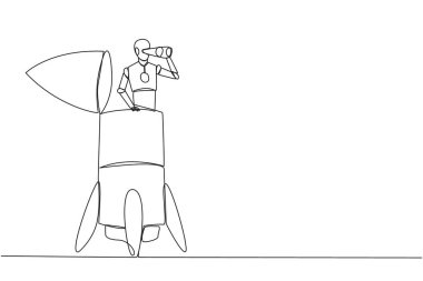 Continuous one line drawing a smart robot appears from the end of the rocket looking for something through binoculars. Scan. Analyze damage. Vigilance. Single line draw design vector illustration
