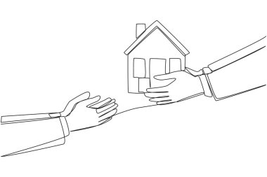 Single one line drawing hand gives miniature house. Make home as a business collateral. Step that is difficult to accept with common sense. Responsible. Continuous line design graphic illustration