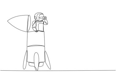 Single continuous line drawing astronaut emerges from the end of the rocket looking for something through binoculars. Check details before flying into the space. One line design vector illustration