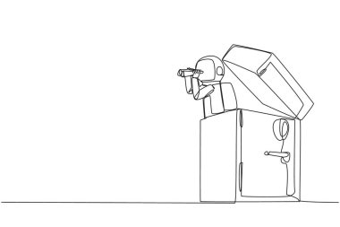 Single one line drawing astronaut emerges from safe deposit box look for something with binocular. Looks for safest place to store expedition report documents. Continuous line graphic illustration