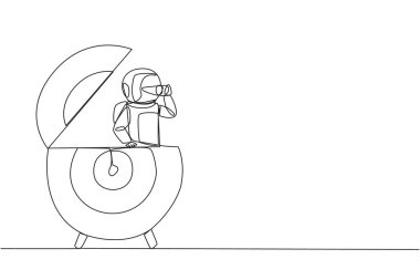 Continuous one line drawing astronaut emerges from arrow target board look for something with binocular. Invite to focus on observation to quickly return to earth. Single line draw vector illustration