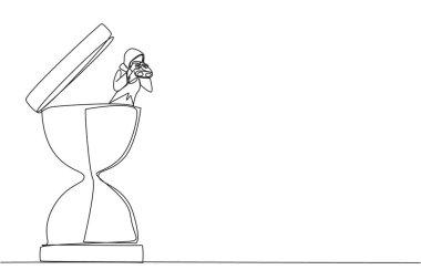 Single one line drawing Arab businesswoman emerges from hourglass look for something with binoculars. Sand on clock fall. Complete report before deadline. Continuous line design graphic illustration