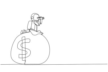 Single continuous line drawing young astronaut emerges from money bag looking for something through binoculars. Collecting funds again for the next expedition.  One line design vector illustration