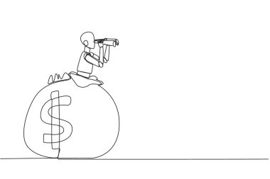 Single continuous line drawing a smart robot emerges from the money bag looking for something through binoculars. Scan. Analyzing the authenticity of money. One line design vector illustration