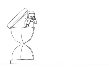 Continuous one line drawing astronaut emerges from hourglass looking for something through binoculars. Counting down to homecoming from a space expedition. Single line draw design vector illustration