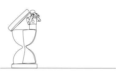 Single one line drawing a smart robot emerges from the hourglass looking for something through binoculars. Scan. Analyze time. The deadline coming soon. Continuous line design graphic illustration