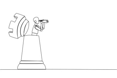 Continuous one line drawing a robot emerges from the rook chess pieces looking for something with binoculars. Scan. Analyzing strategy. Execute the mission. Single line draw design vector illustration