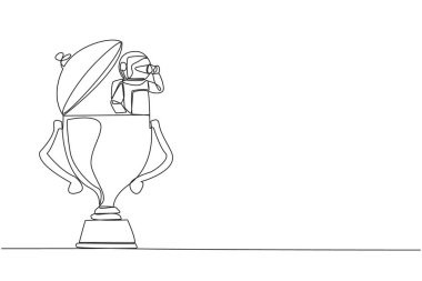 Single one line drawing astronaut emerges from trophy looking for something with binoculars. Looks for other awards can be obtained when returning to earth. Continuous line design graphic illustration