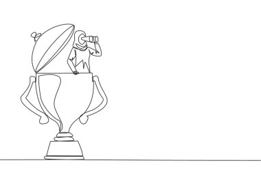 Single one line drawing Arab businesswoman emerges from trophy looking for something through binoculars. Get ready to win the many rewards that await. Continuous line design graphic illustration