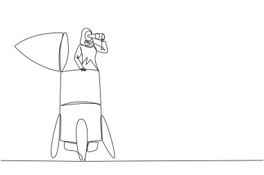 Continuous one line drawing Arabian businesswoman emerges from the tip of rocket looking for something with binoculars. Work smart for high company profit. Single line draw design vector illustration