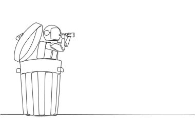 Continuous one line drawing astronaut emerges from a dumpster look for something with binoculars. Ensure material waste from space is not brought to earth. Single line draw design vector illustration