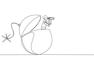 Single continuous line drawing a smart robot emerges from bomb with burning fuse looking for something with binoculars. Scan. Analyze the level of danger. Deadline. One line design vector illustration