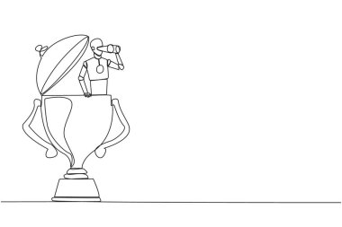 Single continuous line drawing a robot emerges from trophy looking for something through binoculars. Scan. Analyze strengths of business rival. Become winner again. One line design vector illustration