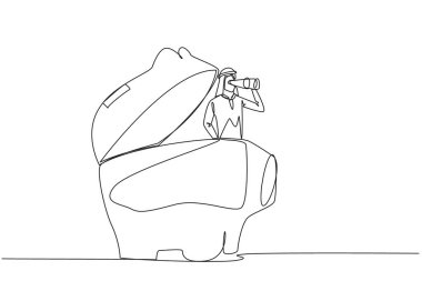 Single one line drawing Arabian businessman pops out of piggy bank looking for something through binoculars. Implement savings for maximum business profits. Continuous line design graphic illustration