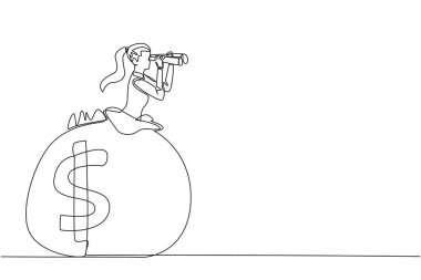 Single continuous line drawing businesswoman comes out of money bag looks for something through binoculars. Prepare for retirement and live comfortably in old age. One line design vector illustration