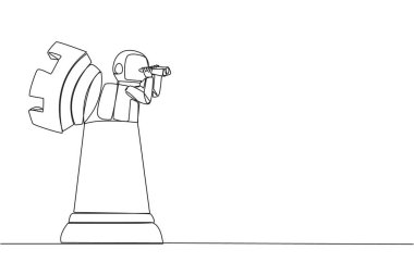 Single continuous line drawing astronaut emerges from a chess piece rook looking for something through binoculars. Gather plans so that perfect during expedition. One line design vector illustration