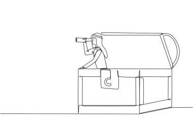 Single continuous line drawing Arabian businessman emerges from a treasure chest looking for something through binoculars. Mining is complete. Lots of luck. One line design vector illustration