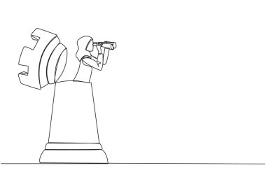 Single one line drawing Arabian businesswoman emerges from the rook chess piece looking for something through binoculars. Finalize business strategies. Continuous line design graphic illustration