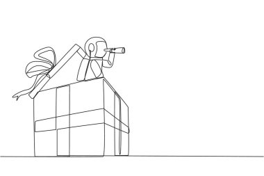 Continuous one line drawing astronaut emerges from gift box looking for something through binoculars. Determine the best souvenirs to bring home to earth. Single line draw design vector illustration