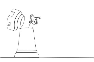 Single continuous line drawing Arabian businessman appears out of the rook chess piece looking for something through binoculars. Pay attention to better strategy. One line design vector illustration