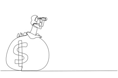 Continuous one line drawing Arab businesswoman emerges from money bag looking for something with binoculars. More concerned with saving than spending money. Single line draw design vector illustration
