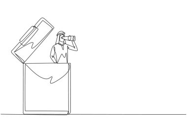 Single one line drawing Arab businessman pops out of clipboard looking for something through binoculars. Easily work on many forms. Final report completed. Continuous line design graphic illustration