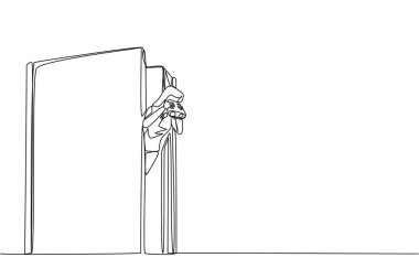 Single one line drawing businesswoman coming out of old book holding binocular. Find out the history of company's founding. Cultivate a sense of curiosity. Continuous line design graphic illustration