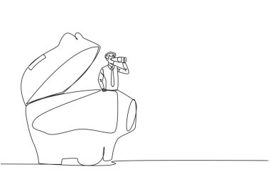 Single one line drawing businessman pops out of piggy bank look for something through binoculars. Entrepreneur who aware of the importance of investment. Continuous line design graphic illustration