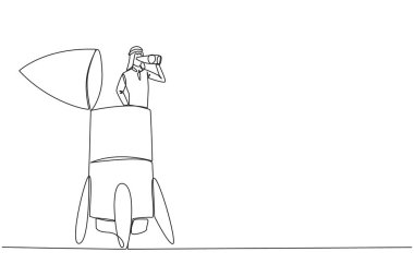 Single continuous line drawing Arab businessman emerges from rocket looking for something through binoculars. Technical preparations completed. Time to skyrocket. One line design vector illustration