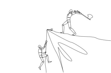 Continuous one line drawing smart robot climbs cliff with rope. Almost successful. Rudely dropped by a business friend. Fake partner. The worst teamwork. Single line draw design vector illustration