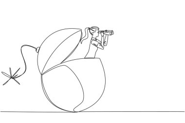 Single continuous line drawing businesswoman get out from burning fuse bomb looks for something through binocular. Secure a company from explosion. Destruction. One line design vector illustration