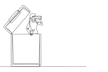 Continuous one line drawing businesswoman comes out of clipboard looking for something through binoculars. Looking for volunteers to fill in report form. Single line draw design vector illustration