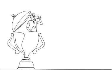 Continuous one line drawing Arabian businessman appears out of trophy looking for something through binoculars. Winner. Undoubted business success. Single line draw design vector illustration