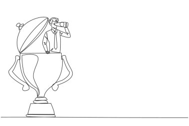 Continuous one line drawing businessman emerges from trophy looking for something through binoculars. Rewards. Winner in the most innovative business. Single line draw design vector illustration