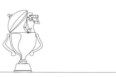 Single one line drawing businesswoman coming out of trophy looking for something through binoculars. Looks a way to get rewards to improve business career. Continuous line design graphic illustration