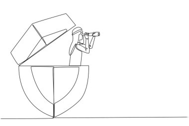 Single continuous line drawing Arab businessman emerges from shield look for something with binoculars. Look for most effective way to ward off cyber crime attacks. One line design vector illustration